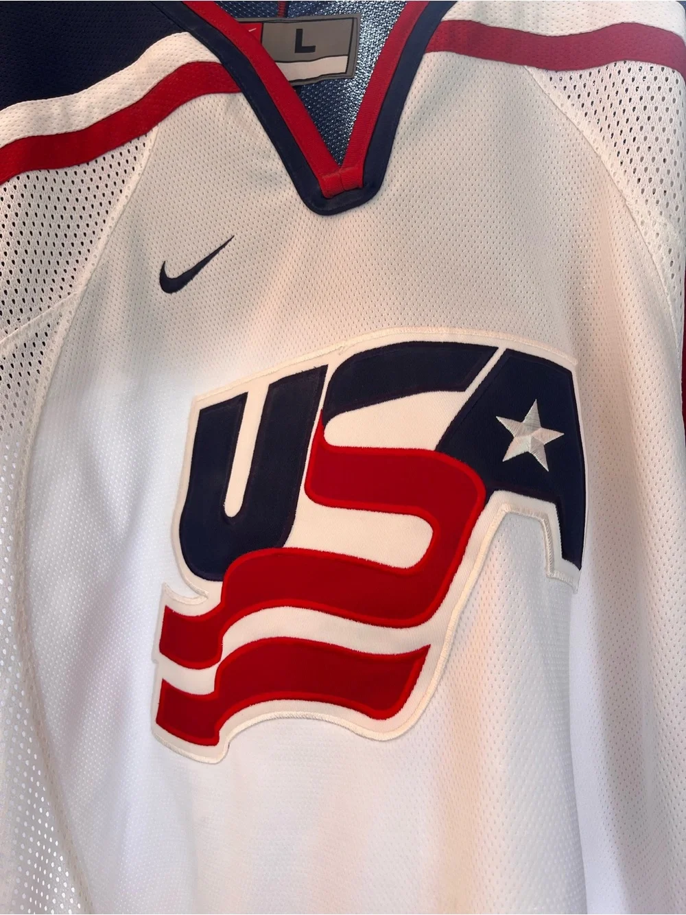 Vintage Nike Team USA Hockey Jersey White Red Blue Size Large